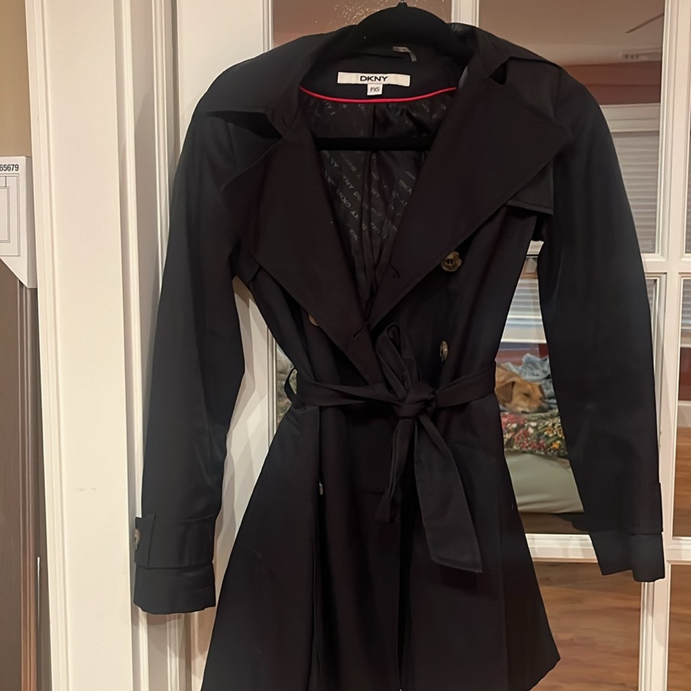 DKNY double-breasted petite raincoat! Hood included.